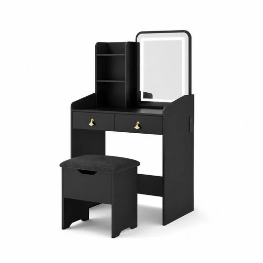 Schminktisch Set Schwarz MDF 2 Schubladen Spiegel Hocker