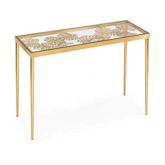 Metall-Konsolentisch mit gehärtetem Glas und Blattmuster, Gold, 120 cm