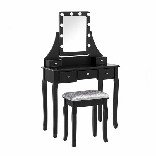 Schminktisch Set Schwarz MDF Spiegel mit LED und Hocker