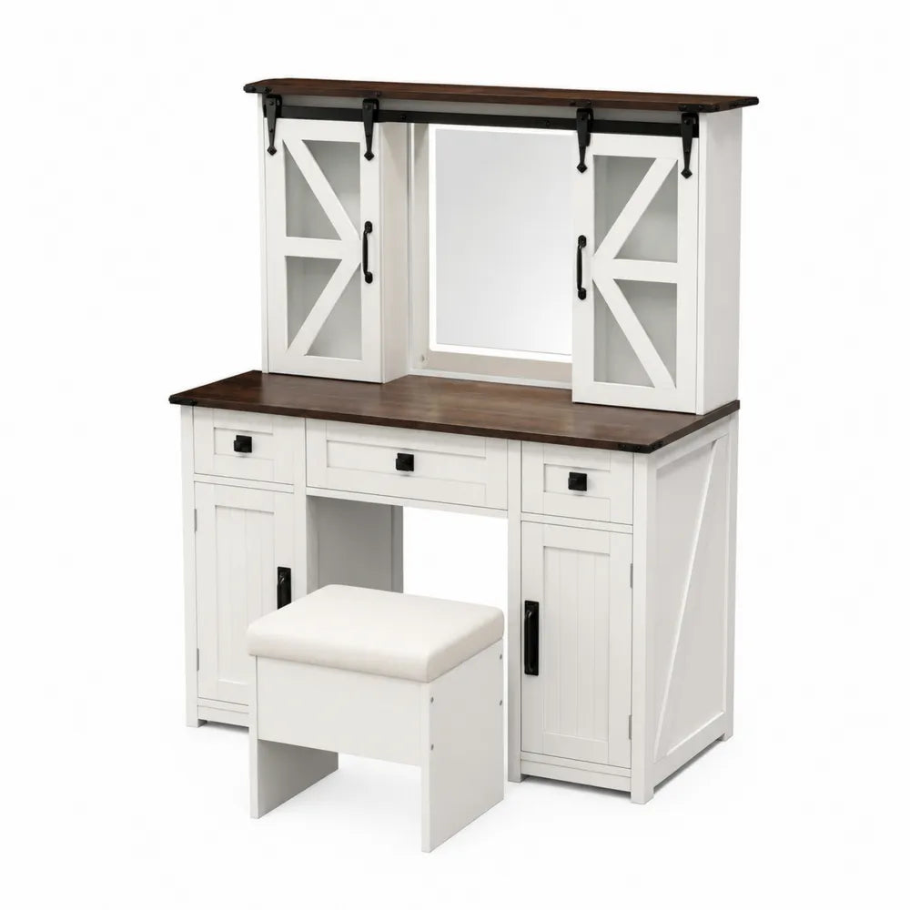 Schminktisch Set mit Spiegel und Hocker aus Massivholz in Weiß/Braun