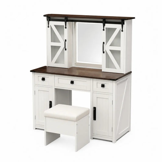Schminktisch Set mit Spiegel und Hocker aus Massivholz in Weiß/Braun