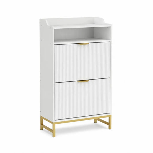Schuhschrank mit 2 Klappen MDF und Metall Weiß/Gold 80x30x120 cm